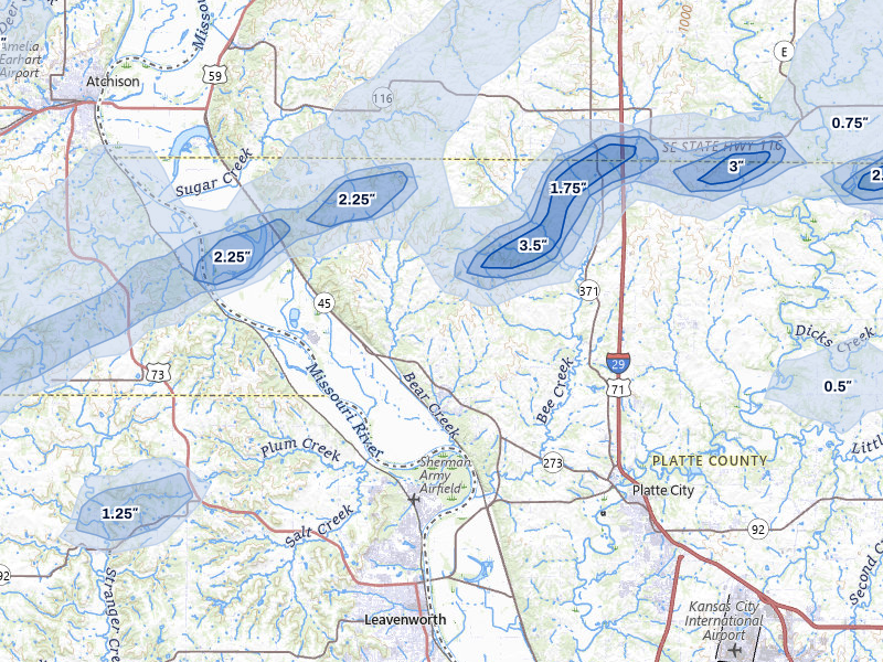NEXRAD radar-signature map of the hail over Weston, MO