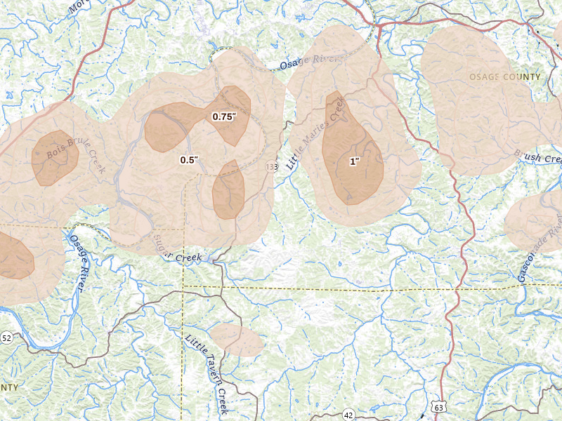 Radar-estimated hail-size map of the storm over Westphalia, MO on Apr 27, 2026
