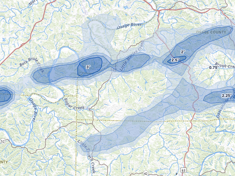 NEXRAD radar-signature map of the hail over Westphalia, MO