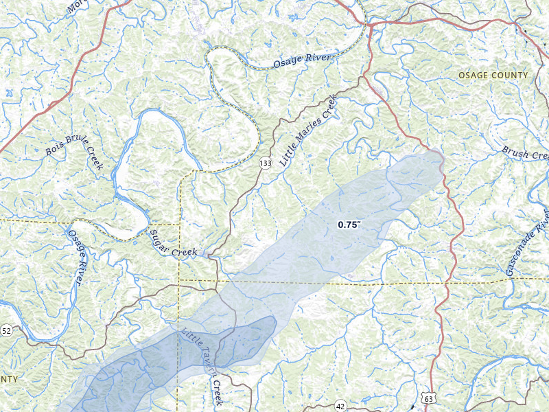NEXRAD radar-signature map of the hail storm over Westphalia, MO on Apr 28, 2026
