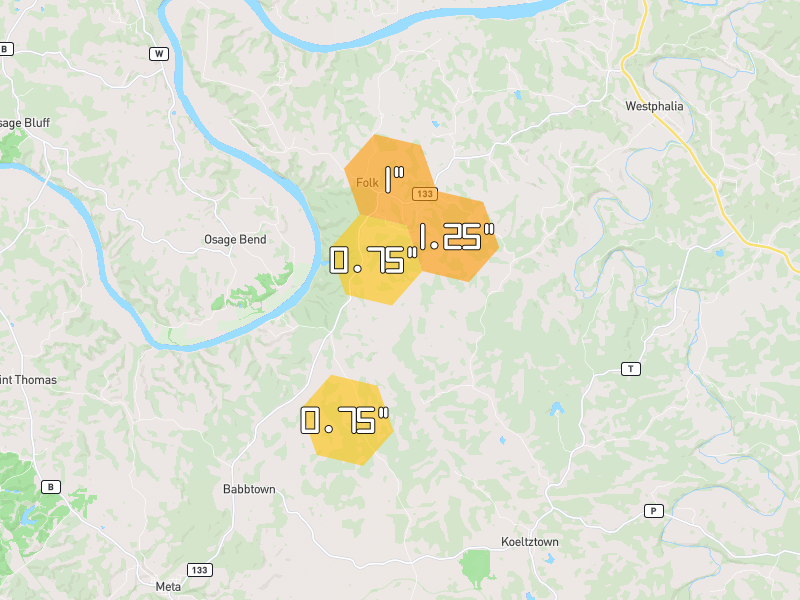 Hail map of Westphalia, MO on Jul 4, 2026, hail up to 1.25"