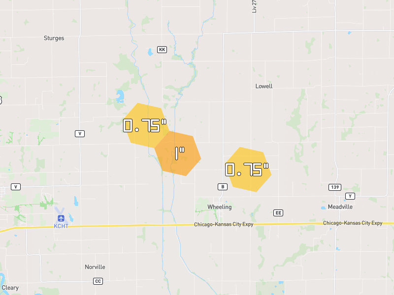 Hail map of Wheeling, MO on Jun 1, 2026, hail up to 1"