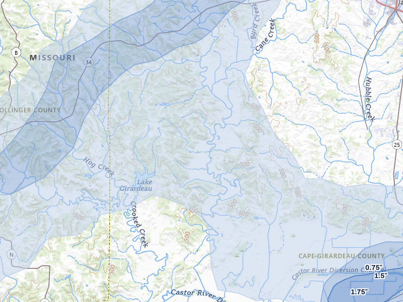 NEXRAD radar-signature map of the hail storm over Whitewater, MO on Jul 9, 2026