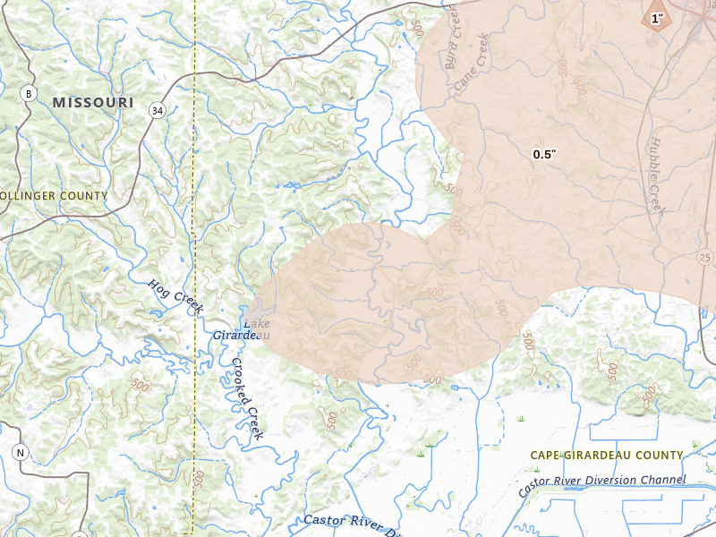 Radar-estimated hail-size map of the storm over Whitewater, MO on Aug 12, 2026