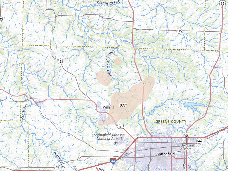 Radar-estimated hail-size map of the storm over Willard, MO on Mar 4, 2026