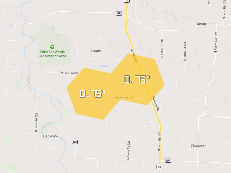 Hail map of Willard, MO on Jul 9, 2026, hail up to 0.75"