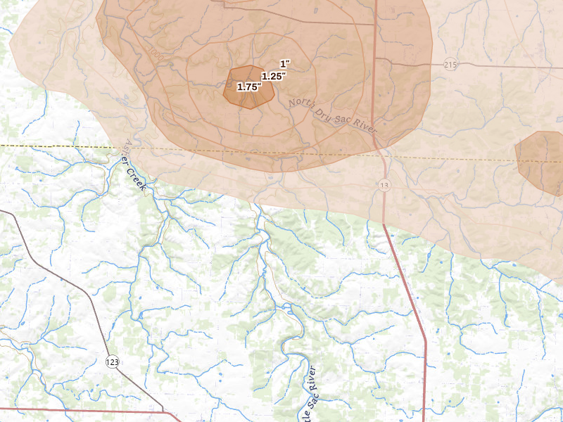 Radar-estimated hail-size map of the storm over Willard, MO on Aug 6, 2026