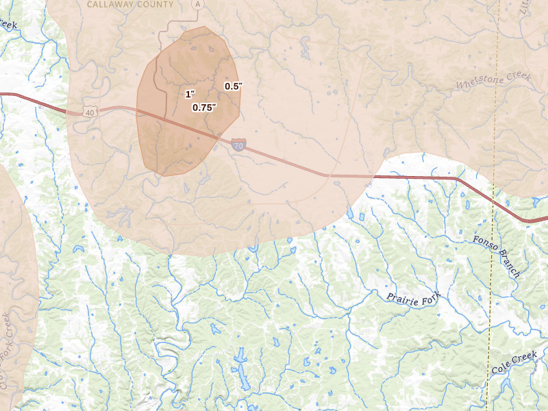 Radar-estimated hail-size map of the storm over Williamsburg, MO on May 31, 2026