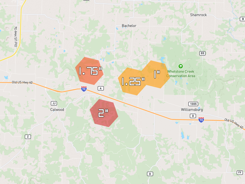 Hail map of Williamsburg, MO on Jun 1, 2026, hail up to 2"