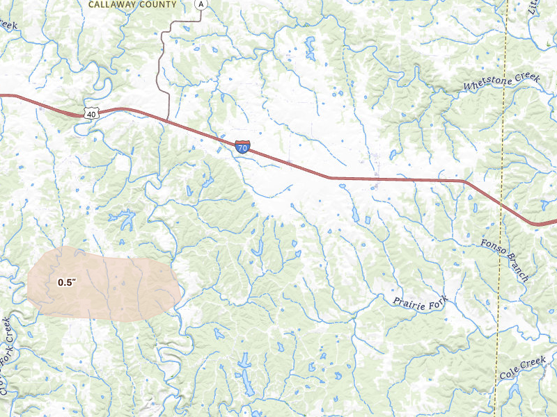 Radar-estimated hail-size map of the storm over Williamsburg, MO on Jul 31, 2026