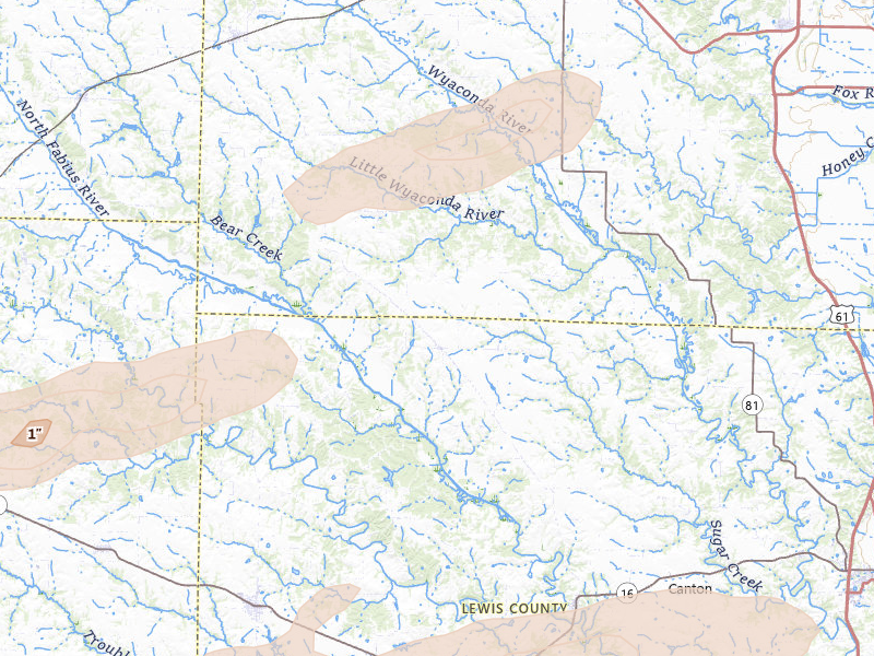 Radar-estimated hail-size map of the storm over Williamstown, MO on Apr 13, 2026