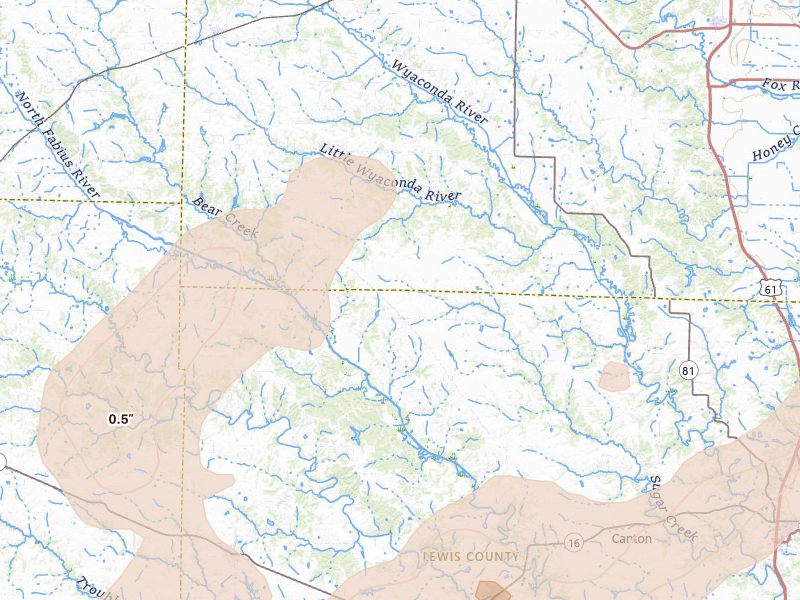 Radar-estimated hail-size map of the storm over Williamstown, MO on Apr 17, 2026