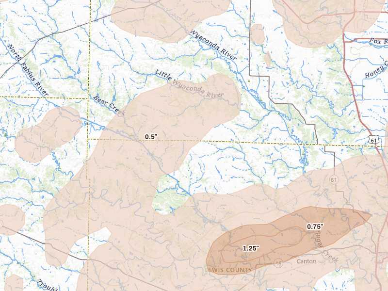 Radar-estimated hail-size map of the storm over Williamstown, MO on Jun 10, 2026