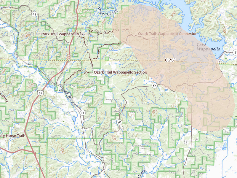 Radar-estimated hail-size map of the storm over Williamsville, MO on May 31, 2026