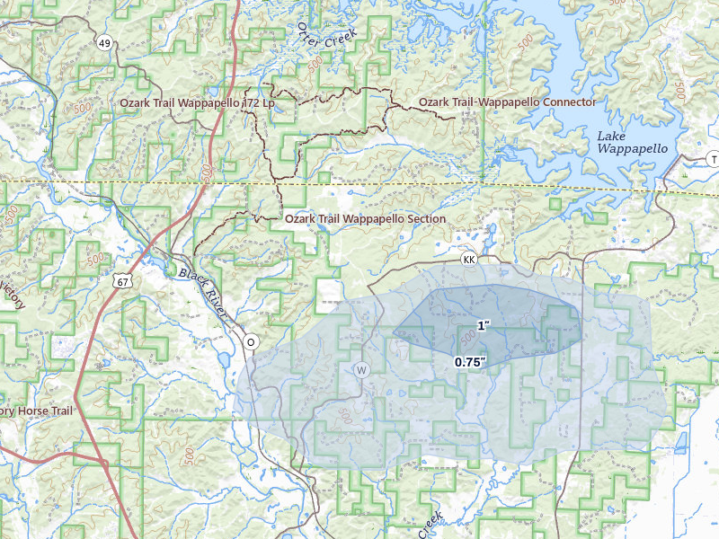 NEXRAD radar-signature map of the hail storm over Williamsville, MO on Jun 9, 2026