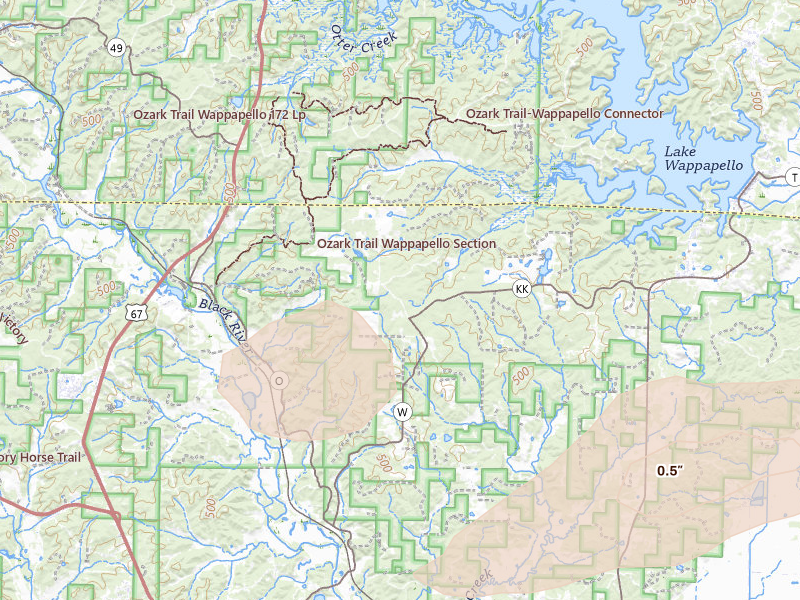 Radar-estimated hail-size map of the storm over Williamsville, MO on Jul 10, 2026