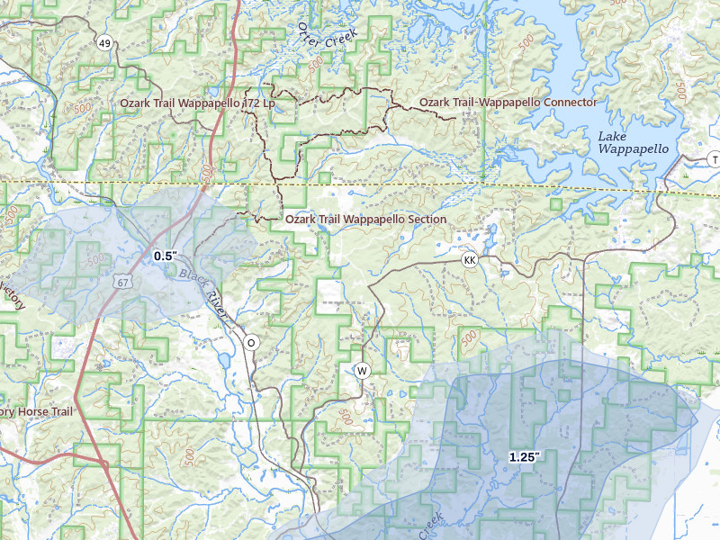 NEXRAD radar-signature map of the hail storm over Williamsville, MO on Jul 10, 2026