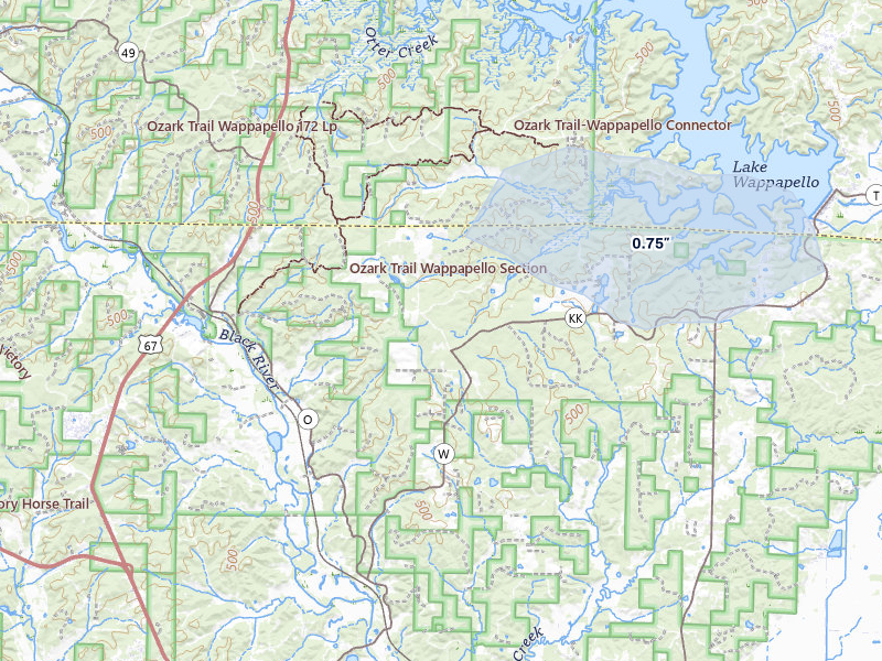 NEXRAD radar-signature map of the hail over Williamsville, MO