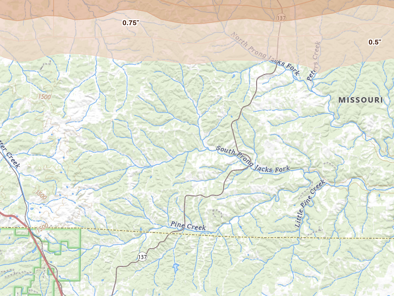 Radar-estimated hail-size map of the storm over Willow Springs, MO on Apr 27, 2026
