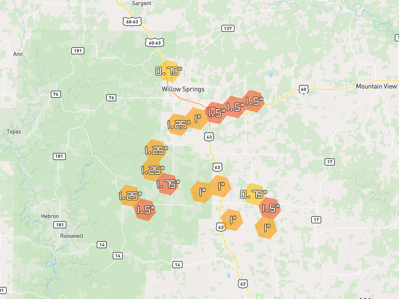 Hail map of Willow Springs, MO on Jul 10, 2026, hail up to 1.75"