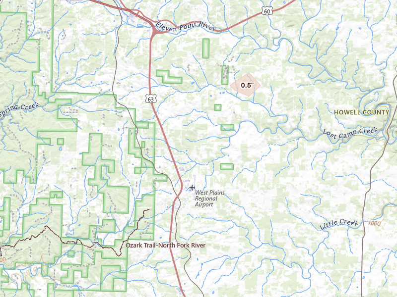 Radar-estimated hail-size map of the storm over Willow Springs, MO on Aug 7, 2026