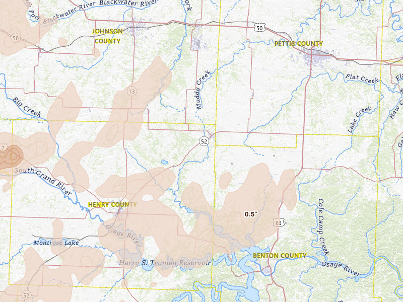 Radar-estimated hail-size map of the storm over Windsor, MO on Apr 26, 2026