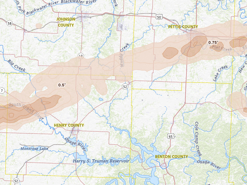 Radar-estimated hail-size map of the storm over Windsor, MO on Apr 27, 2026