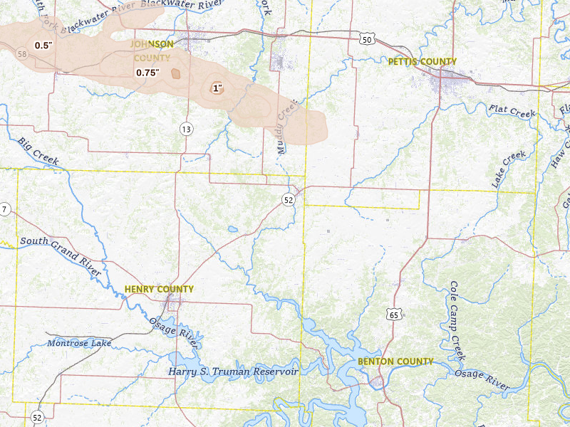 Radar-estimated hail-size map of the storm over Windsor, MO on Jun 12, 2026
