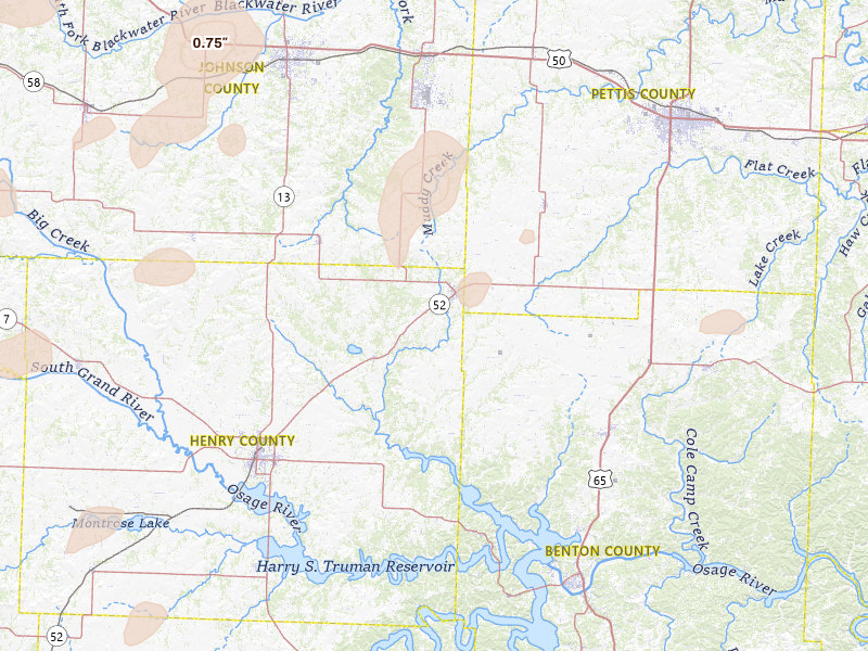 Radar-estimated hail-size map of the storm over Windsor, MO on Jul 8, 2026