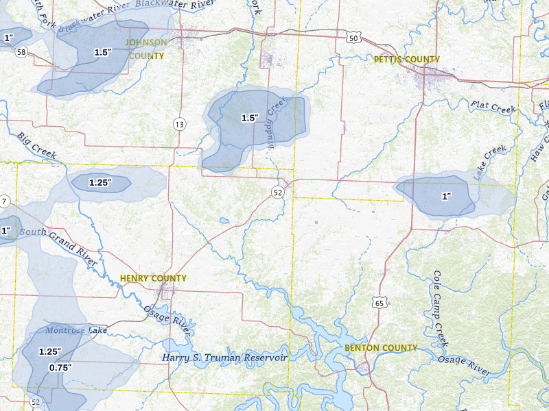 NEXRAD radar-signature map of the hail storm over Windsor, MO on Jul 8, 2026