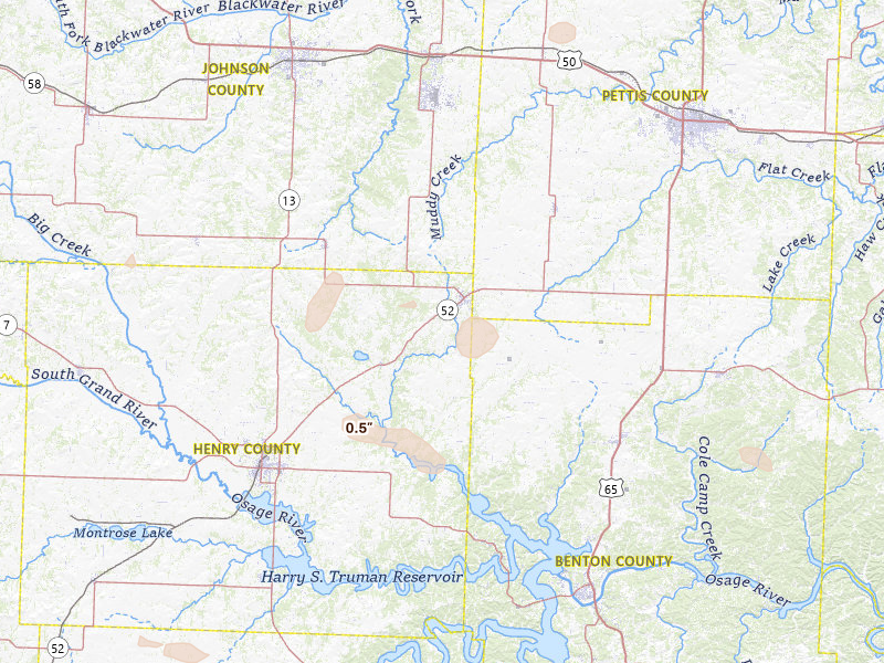 Radar-estimated hail-size map of the storm over Windsor, MO on Jul 9, 2026