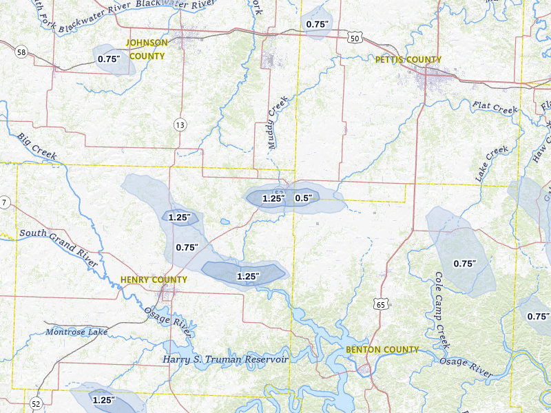 NEXRAD radar-signature map of the hail storm over Windsor, MO on Jul 9, 2026