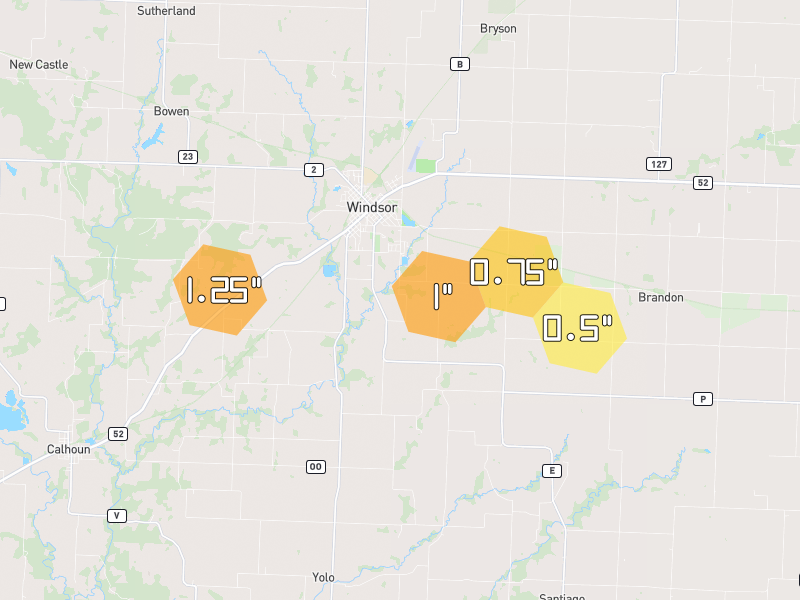 Hail map of Windsor, MO on Jul 10, 2026, hail up to 1.25"