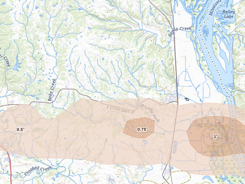 Radar-estimated hail-size map of the storm over Winfield, MO on May 3, 2026