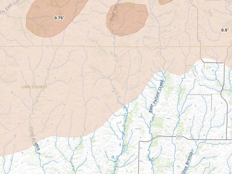 Radar-estimated hail-size map of the storm over Winigan, MO on Apr 17, 2026