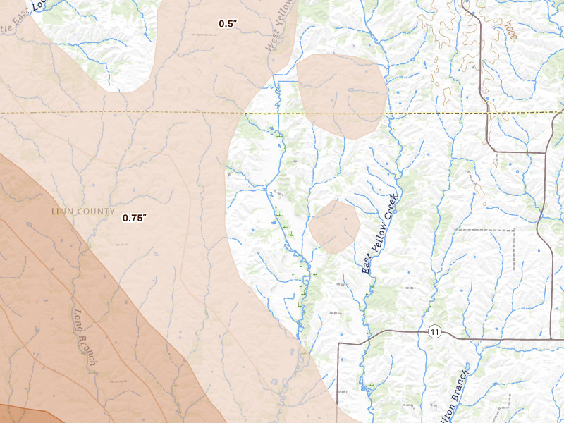 Radar-estimated hail-size map of the storm over Winigan, MO on May 16, 2026