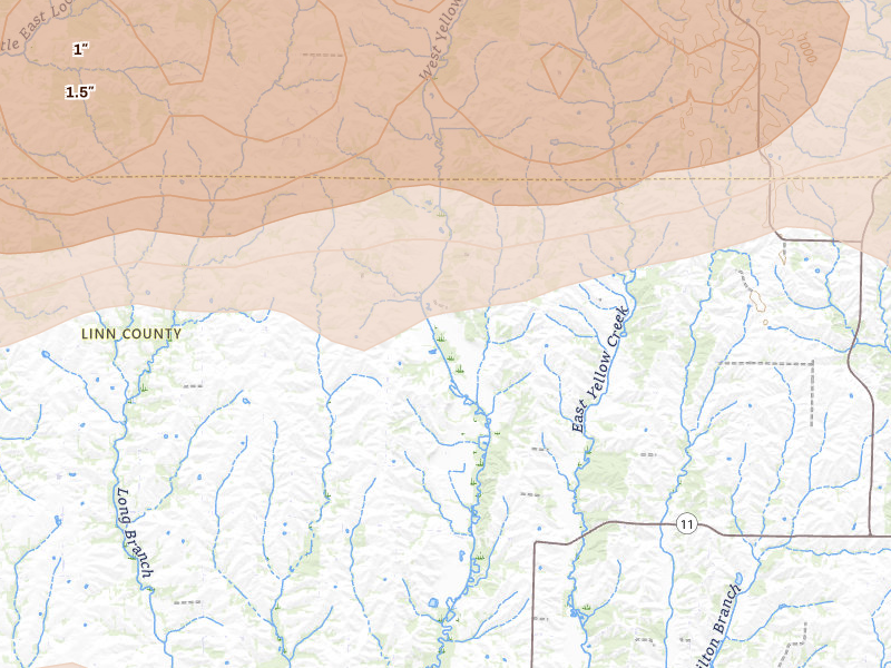 Radar-estimated hail-size map of the storm over Winigan, MO on Jun 10, 2026