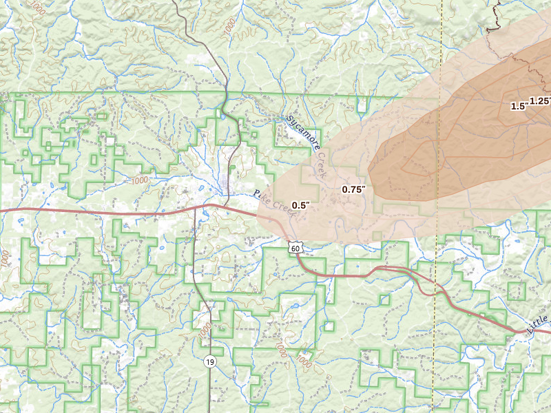 Radar-estimated hail-size map of the storm over Winona, MO on Apr 16, 2026