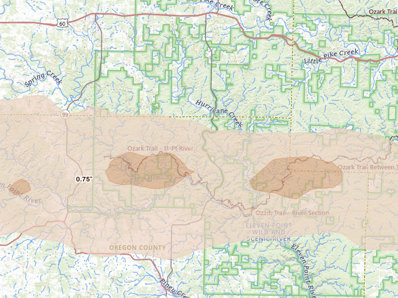 Radar-estimated hail-size map of the storm over Winona, MO on Apr 27, 2026