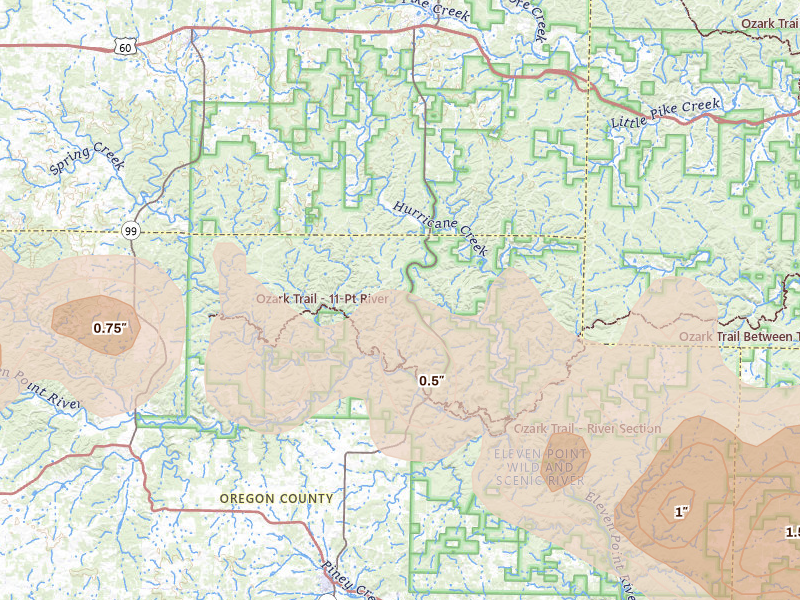 Radar-estimated hail-size map of the storm over Winona, MO on Apr 28, 2026