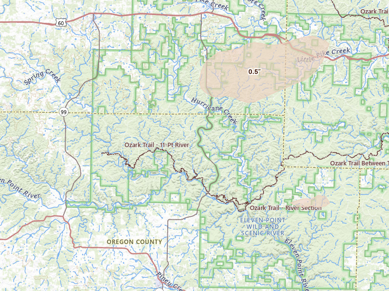 Radar-estimated hail-size map of the storm over Winona, MO on Jul 10, 2026