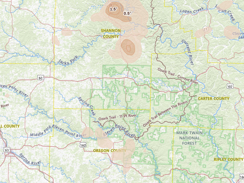 Radar-estimated hail-size map of the storm over Winona, MO on Aug 7, 2026