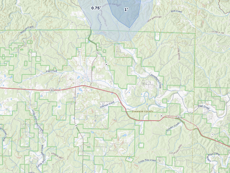 NEXRAD radar-signature map of the hail storm over Winona, MO on Aug 7, 2026