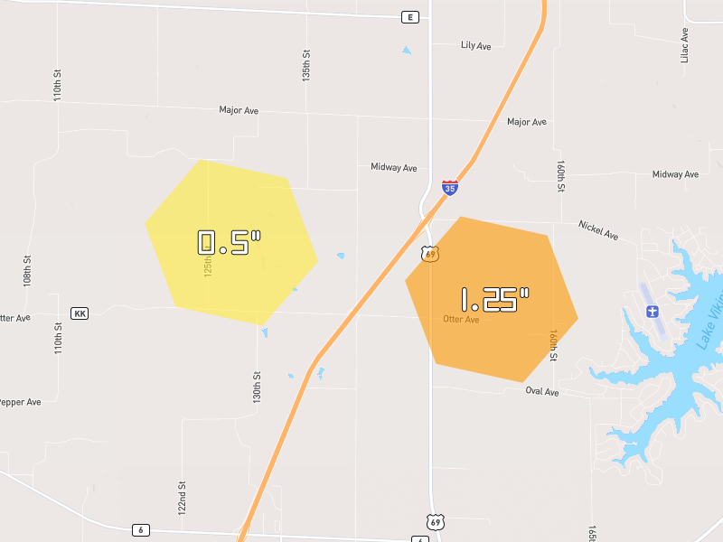 Hail map of Winston, MO on Jul 21, 2026, hail up to 1.25"