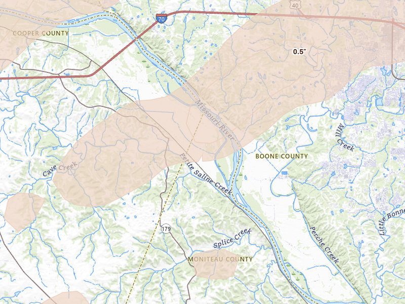 Radar-estimated hail-size map of the storm over Wooldridge, MO on Apr 27, 2026