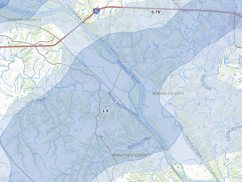 NEXRAD radar-signature map of the hail over Wooldridge, MO