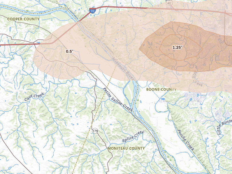 Radar-estimated hail-size map of the storm over Wooldridge, MO on Jul 10, 2026