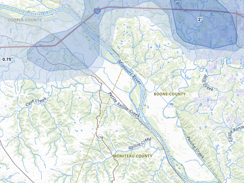 NEXRAD radar-signature map of the hail storm over Wooldridge, MO on Jul 10, 2026
