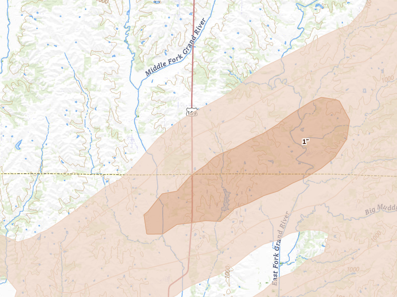 Radar-estimated hail-size map of the storm over Worth, MO on Apr 17, 2026
