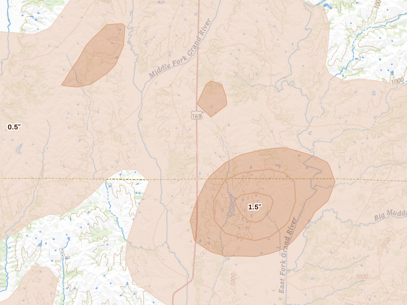 Radar-estimated hail-size map of the storm over Worth, MO on May 16, 2026